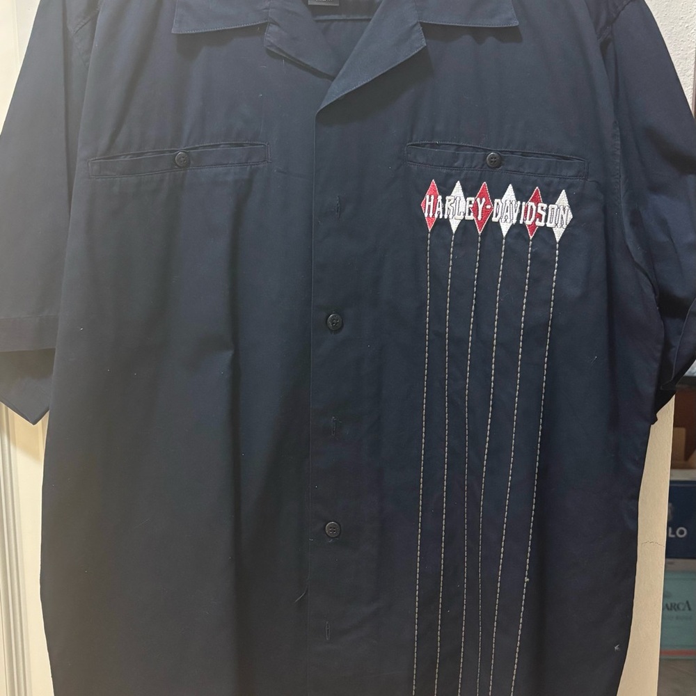 Harley-Davidson Navy Short-Sleeve Button-Down Shirt with Embroidered Logo